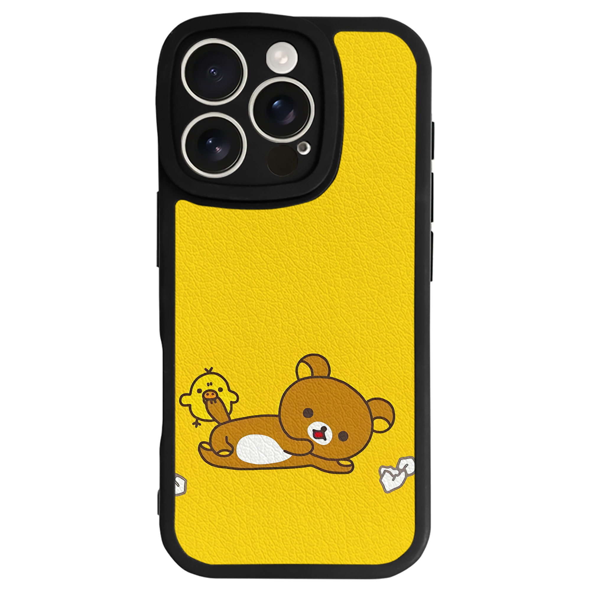 （画像用） リラックマ リラックマ キイロイトリ Rilakkuma Korilakkuma Kiiroitori 【iPhone 16シリーズ対応】シリコンスマホケース（レザー調） 材質：シリコン